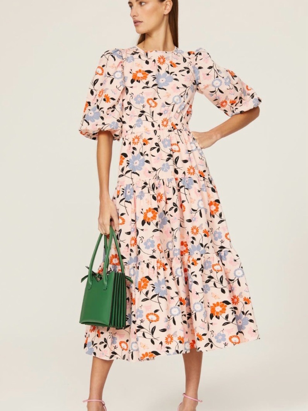 Kate Spade Pale Pink Floral Puff-Sleeve Midi Dress with Orange & Blue Blooms